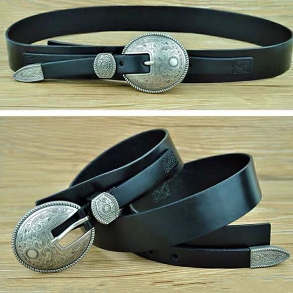 Vintage Style Genuine leather Belt with Floral Engraved Pattern Buckle